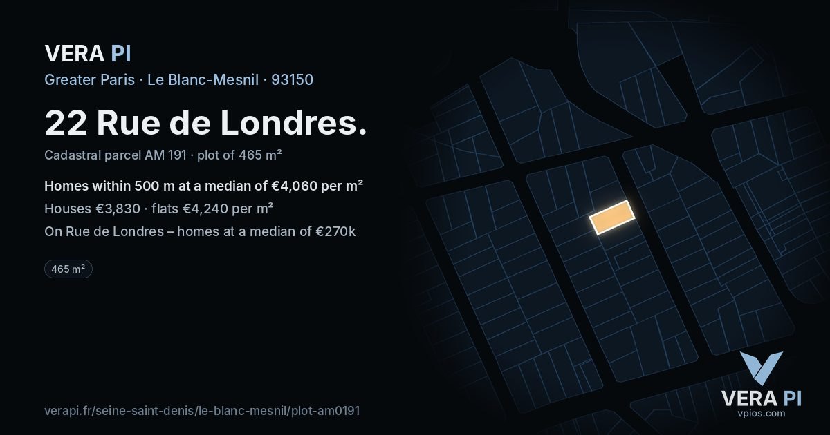 22 Rue de Londres, Le Blanc-Mesnil at night – the plot lit, the parcels around coloured by the prices near them