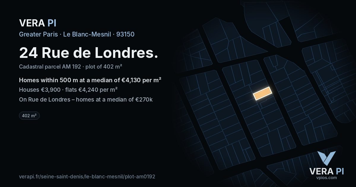 24 Rue de Londres, Le Blanc-Mesnil at night – the plot lit, the parcels around coloured by the prices near them
