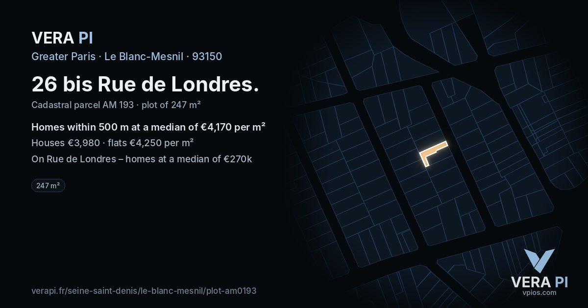 26 bis Rue de Londres, Le Blanc-Mesnil at night – the plot lit, the parcels around coloured by the prices near them