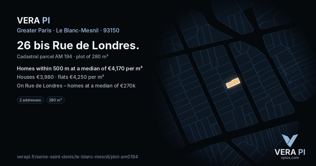 26 bis Rue de Londres, Le Blanc-Mesnil at night – the plot lit, the parcels around coloured by the prices near them