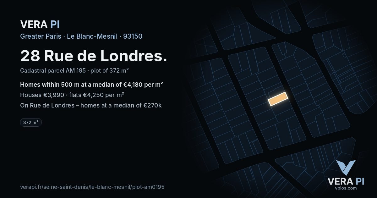 28 Rue de Londres, Le Blanc-Mesnil at night – the plot lit, the parcels around coloured by the prices near them