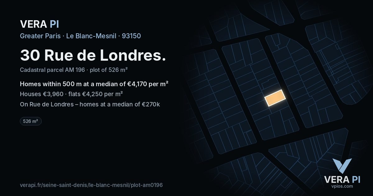 30 Rue de Londres, Le Blanc-Mesnil at night – the plot lit, the parcels around coloured by the prices near them