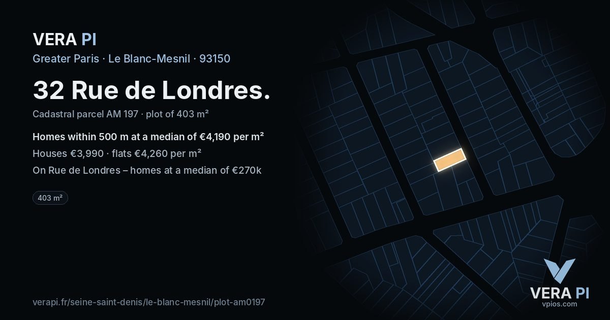 32 Rue de Londres, Le Blanc-Mesnil at night – the plot lit, the parcels around coloured by the prices near them