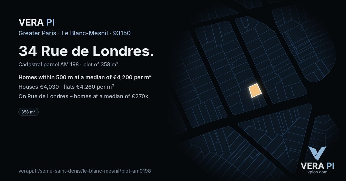 34 Rue de Londres, Le Blanc-Mesnil at night – the plot lit, the parcels around coloured by the prices near them