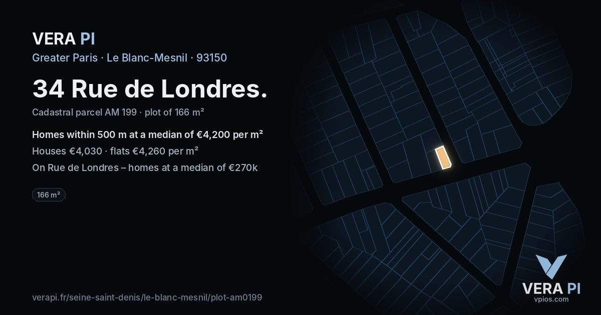 34 Rue de Londres, Le Blanc-Mesnil at night – the plot lit, the parcels around coloured by the prices near them