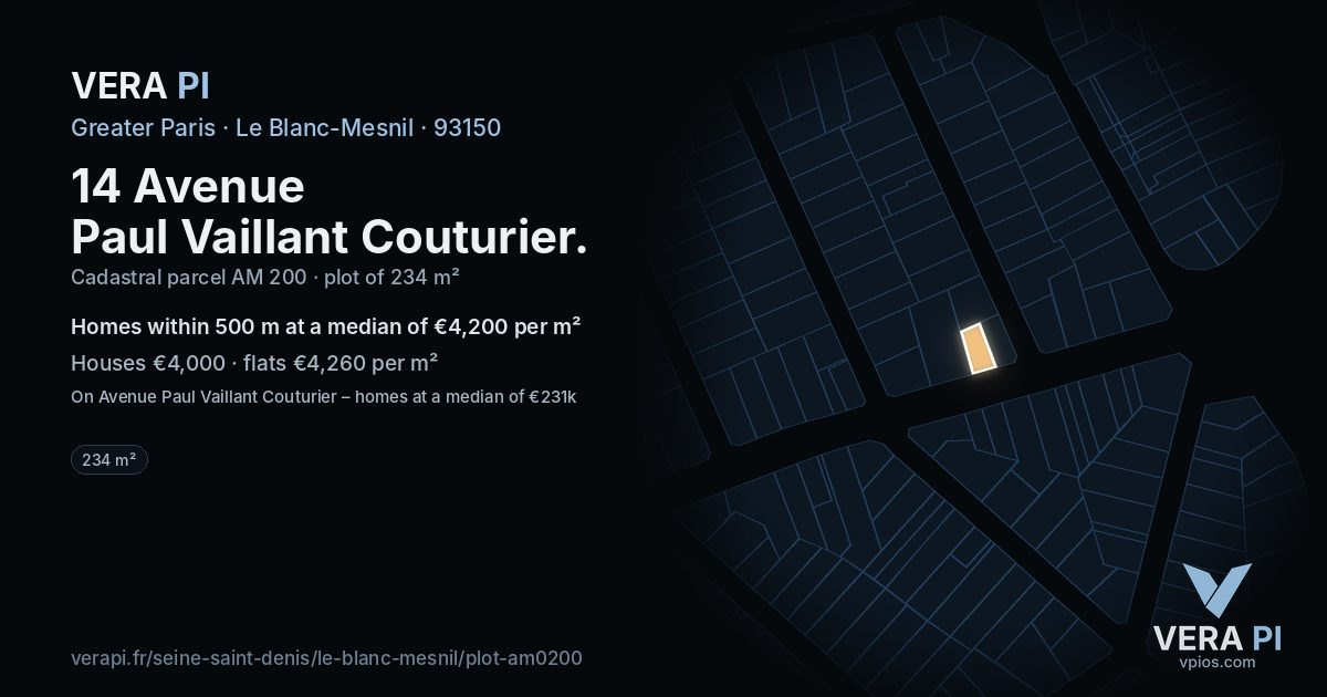 14 Avenue Paul Vaillant Couturier, Le Blanc-Mesnil at night – the plot lit, the parcels around coloured by the prices near them