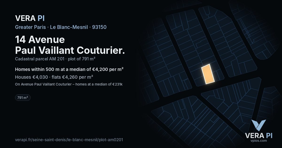 14 Avenue Paul Vaillant Couturier, Le Blanc-Mesnil at night – the plot lit, the parcels around coloured by the prices near them