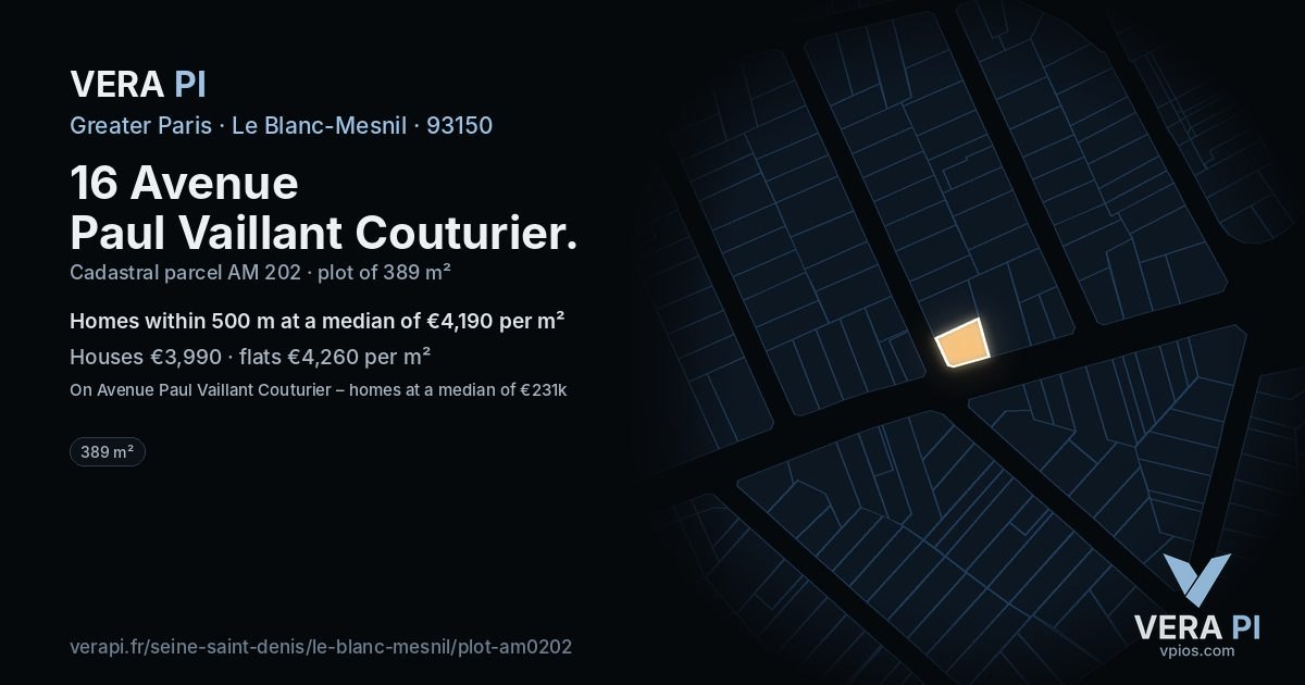 16 Avenue Paul Vaillant Couturier, Le Blanc-Mesnil at night – the plot lit, the parcels around coloured by the prices near them