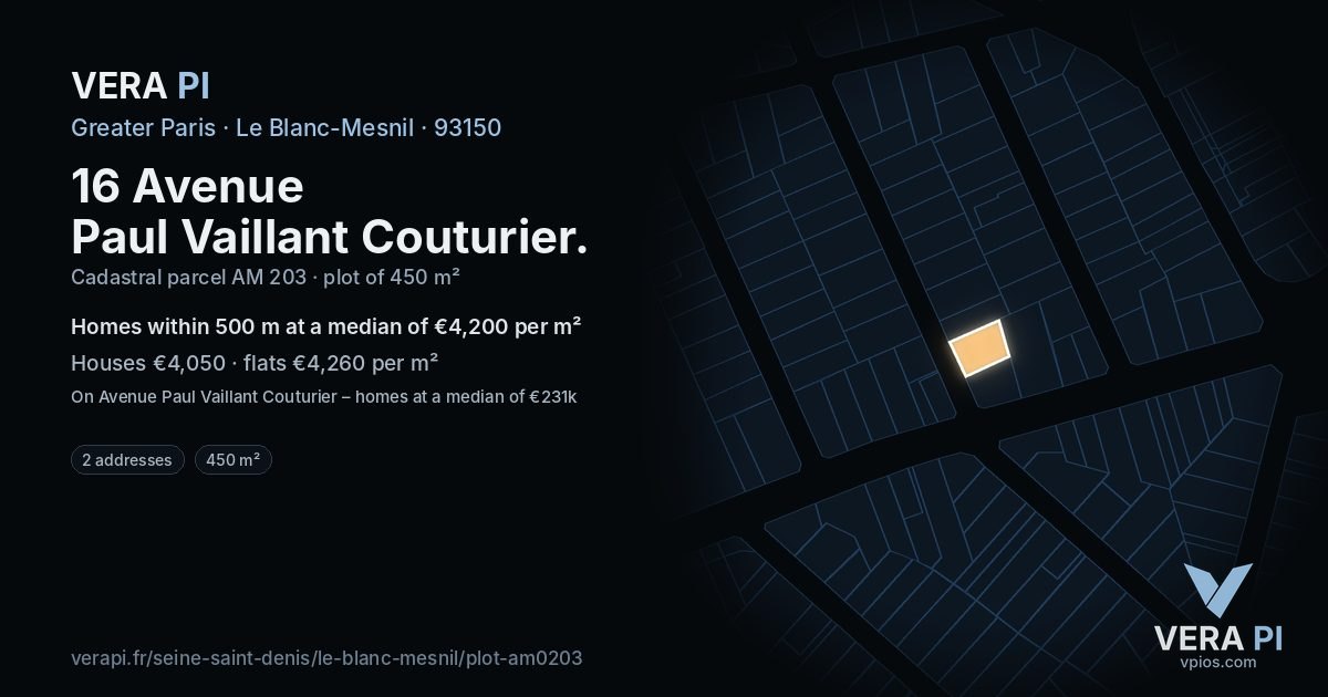 16 Avenue Paul Vaillant Couturier, Le Blanc-Mesnil at night – the plot lit, the parcels around coloured by the prices near them