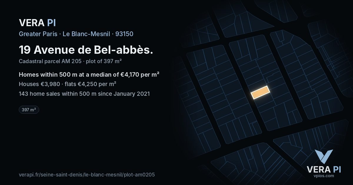 19 Avenue de Bel-abbès, Le Blanc-Mesnil at night – the plot lit, the parcels around coloured by the prices near them