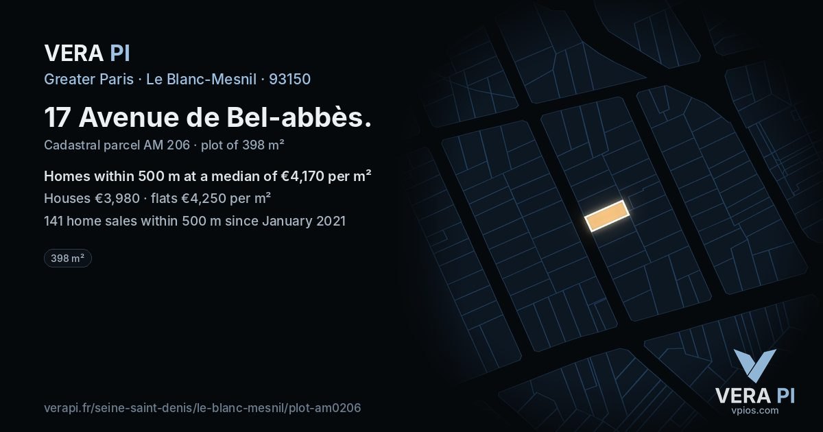 17 Avenue de Bel-abbès, Le Blanc-Mesnil at night – the plot lit, the parcels around coloured by the prices near them