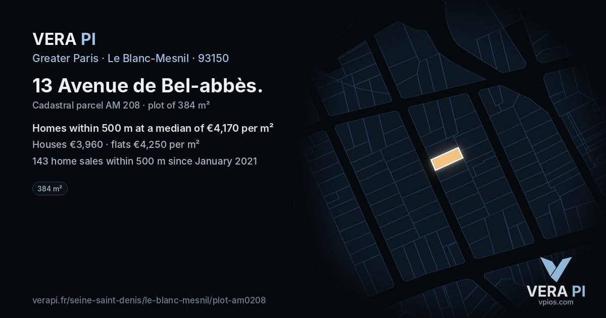 13 Avenue de Bel-abbès, Le Blanc-Mesnil at night – the plot lit, the parcels around coloured by the prices near them