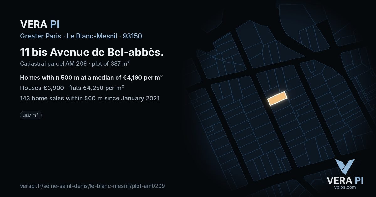 11 bis Avenue de Bel-abbès, Le Blanc-Mesnil at night – the plot lit, the parcels around coloured by the prices near them