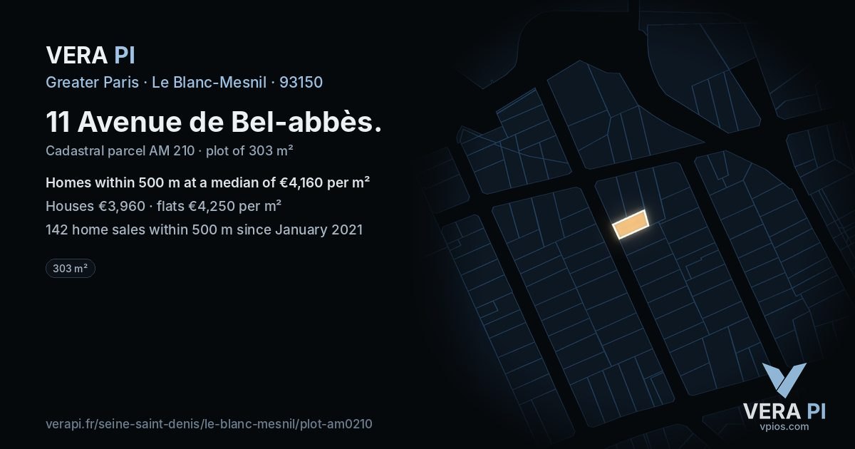 11 Avenue de Bel-abbès, Le Blanc-Mesnil at night – the plot lit, the parcels around coloured by the prices near them