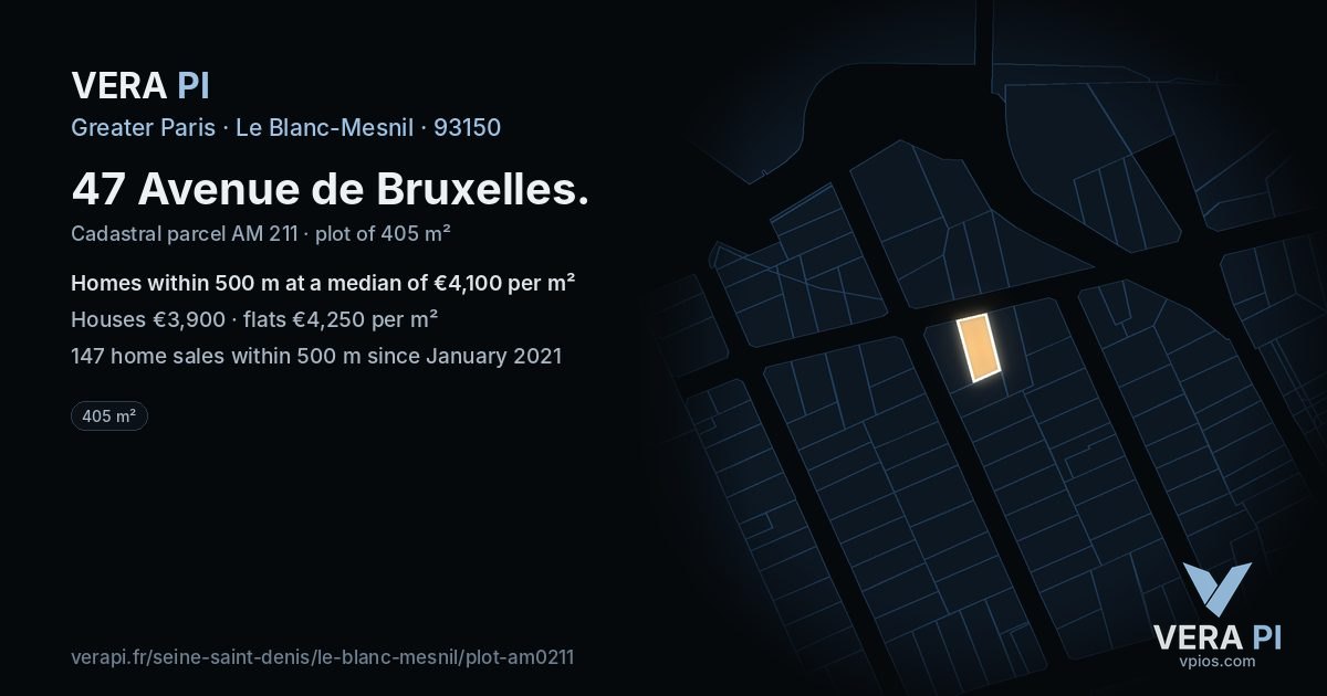 47 Avenue de Bruxelles, Le Blanc-Mesnil at night – the plot lit, the parcels around coloured by the prices near them