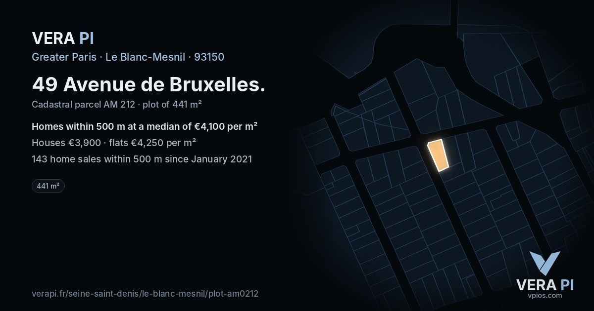 49 Avenue de Bruxelles, Le Blanc-Mesnil at night – the plot lit, the parcels around coloured by the prices near them