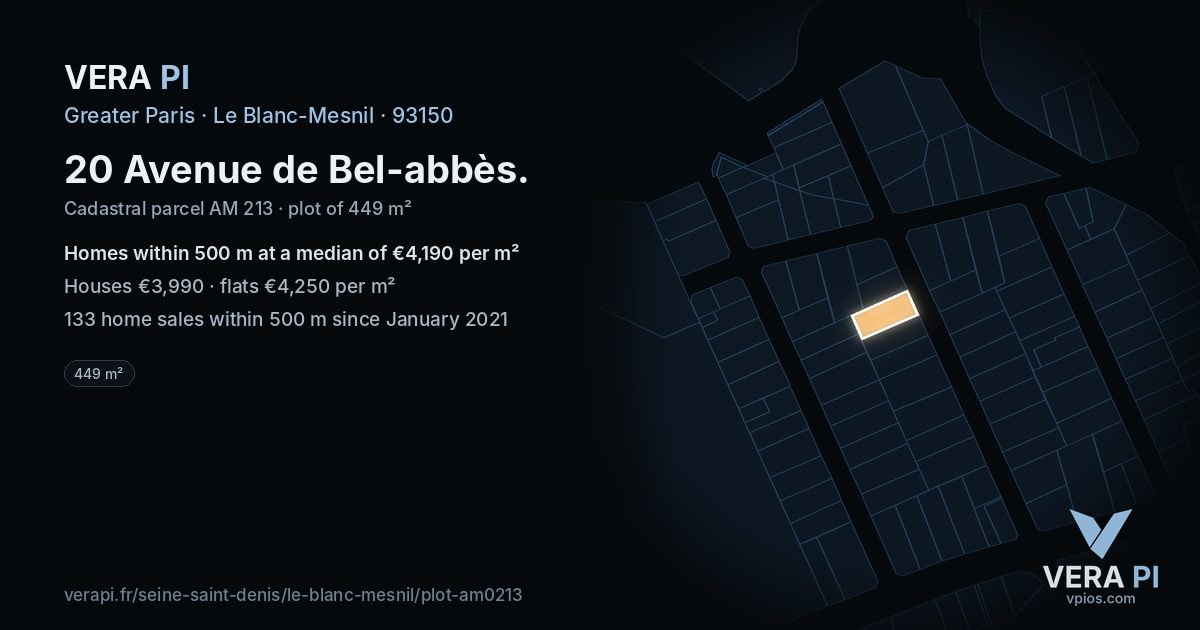 20 Avenue de Bel-abbès, Le Blanc-Mesnil at night – the plot lit, the parcels around coloured by the prices near them