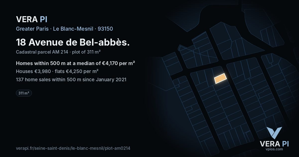 18 Avenue de Bel-abbès, Le Blanc-Mesnil at night – the plot lit, the parcels around coloured by the prices near them