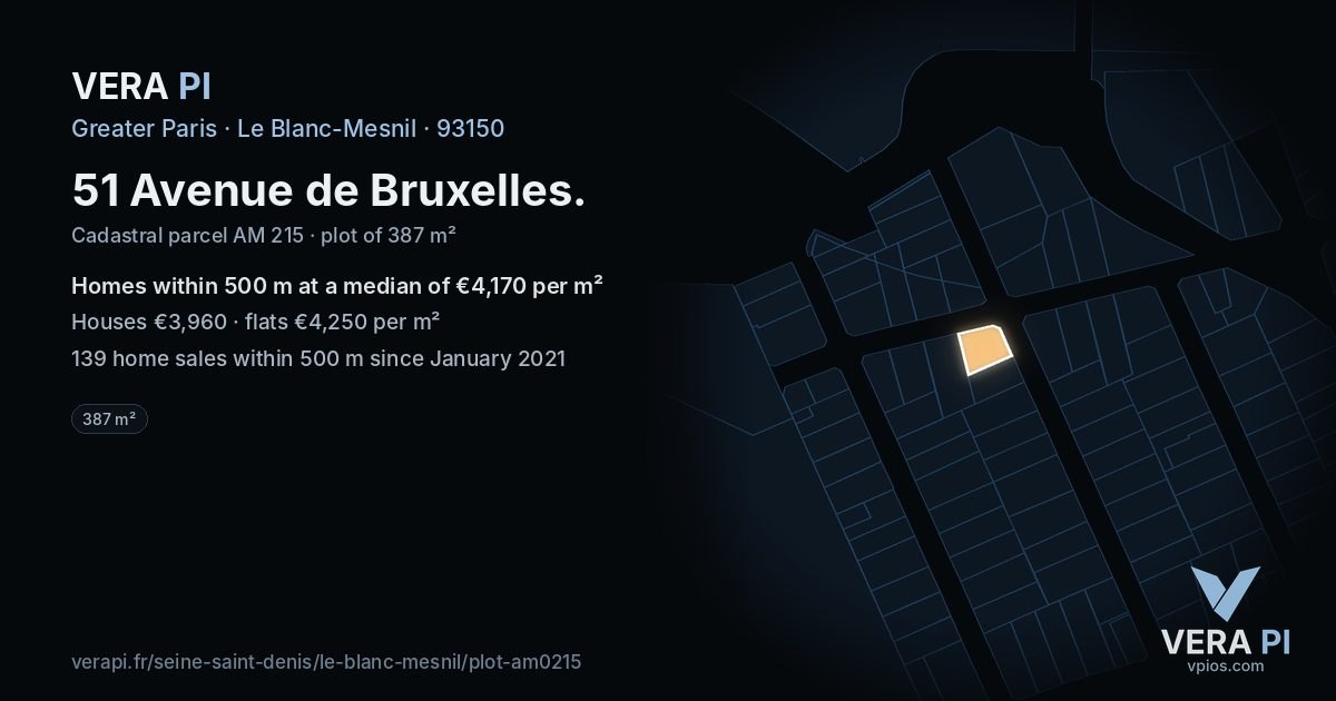 51 Avenue de Bruxelles, Le Blanc-Mesnil at night – the plot lit, the parcels around coloured by the prices near them