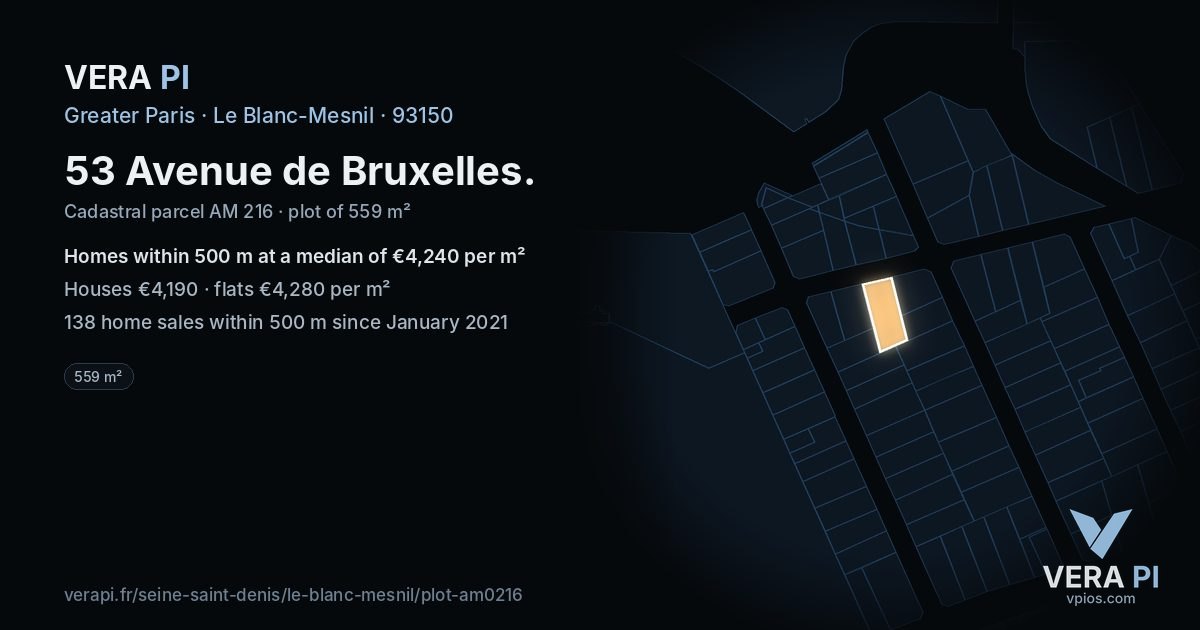 53 Avenue de Bruxelles, Le Blanc-Mesnil at night – the plot lit, the parcels around coloured by the prices near them
