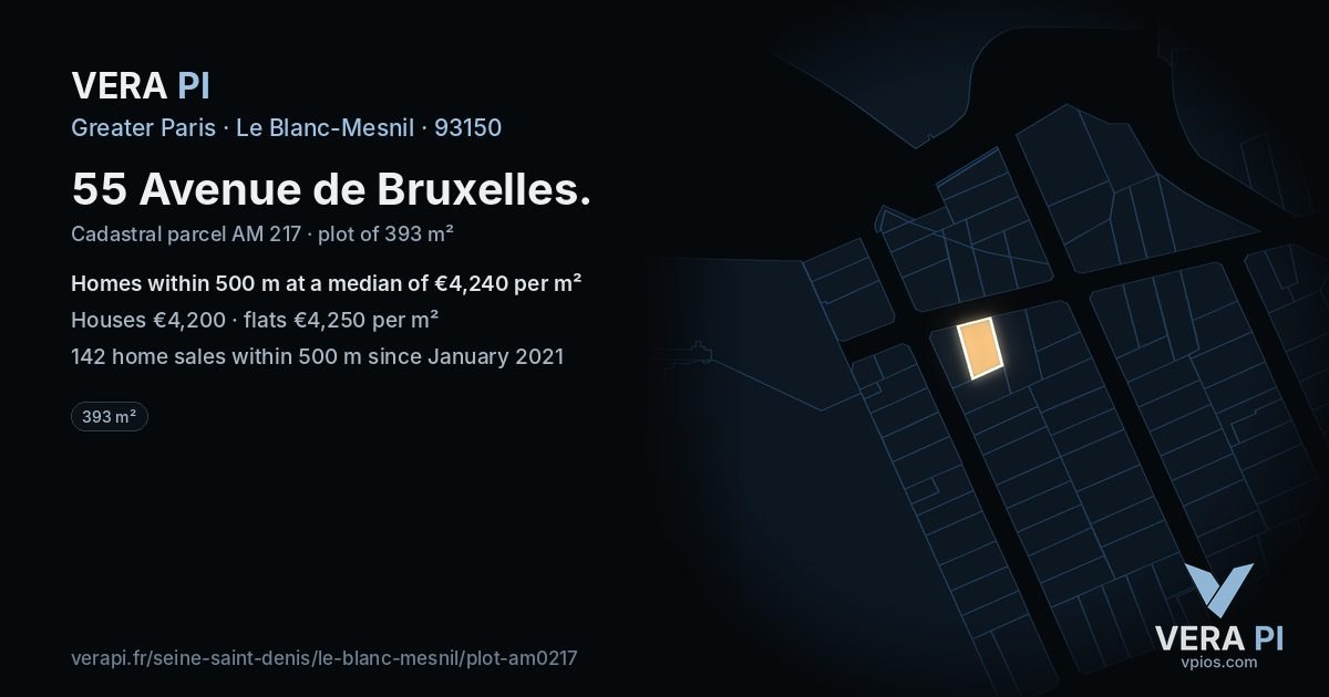 55 Avenue de Bruxelles, Le Blanc-Mesnil at night – the plot lit, the parcels around coloured by the prices near them