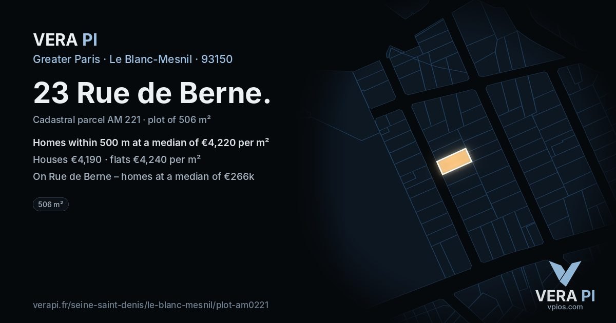 23 Rue de Berne, Le Blanc-Mesnil at night – the plot lit, the parcels around coloured by the prices near them