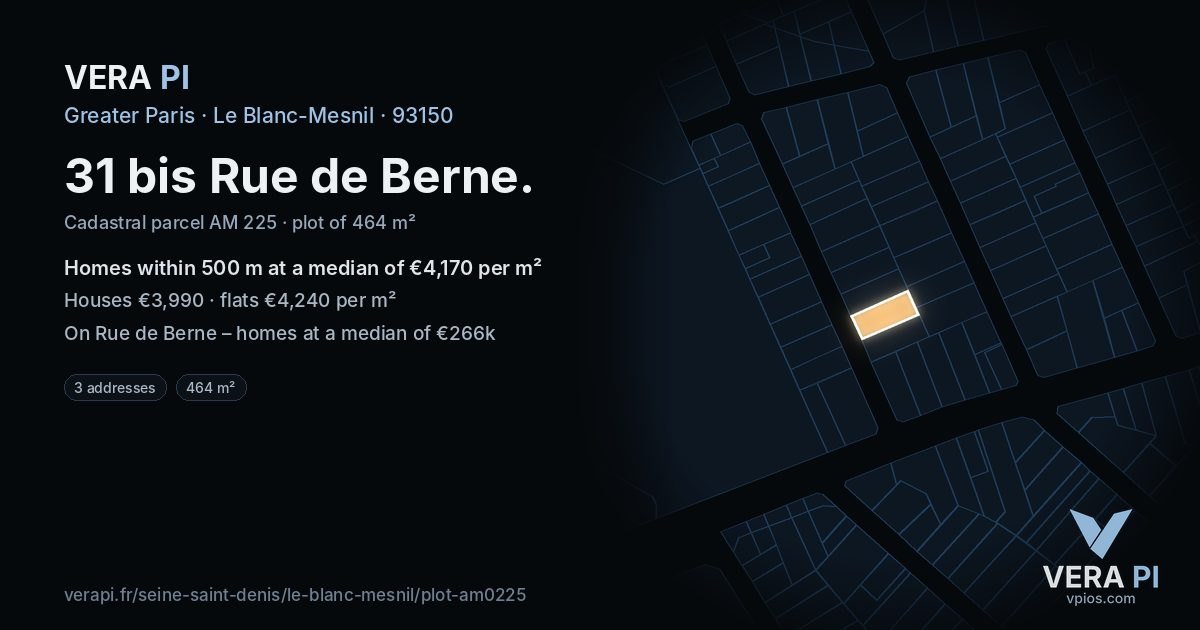 31 bis Rue de Berne, Le Blanc-Mesnil at night – the plot lit, the parcels around coloured by the prices near them