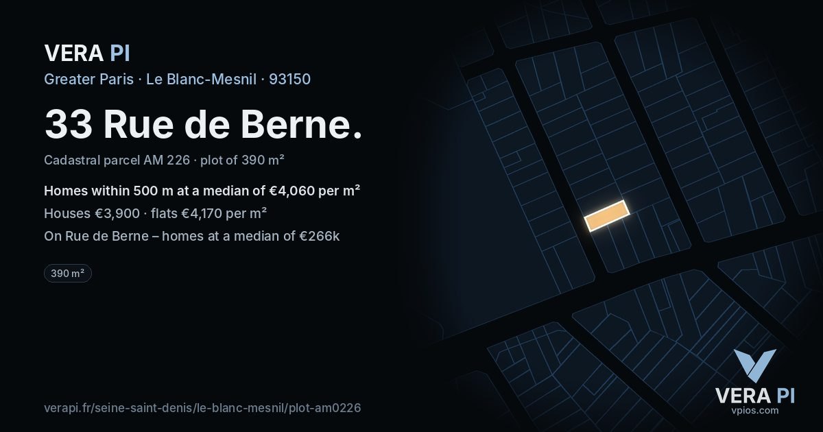 33 Rue de Berne, Le Blanc-Mesnil at night – the plot lit, the parcels around coloured by the prices near them