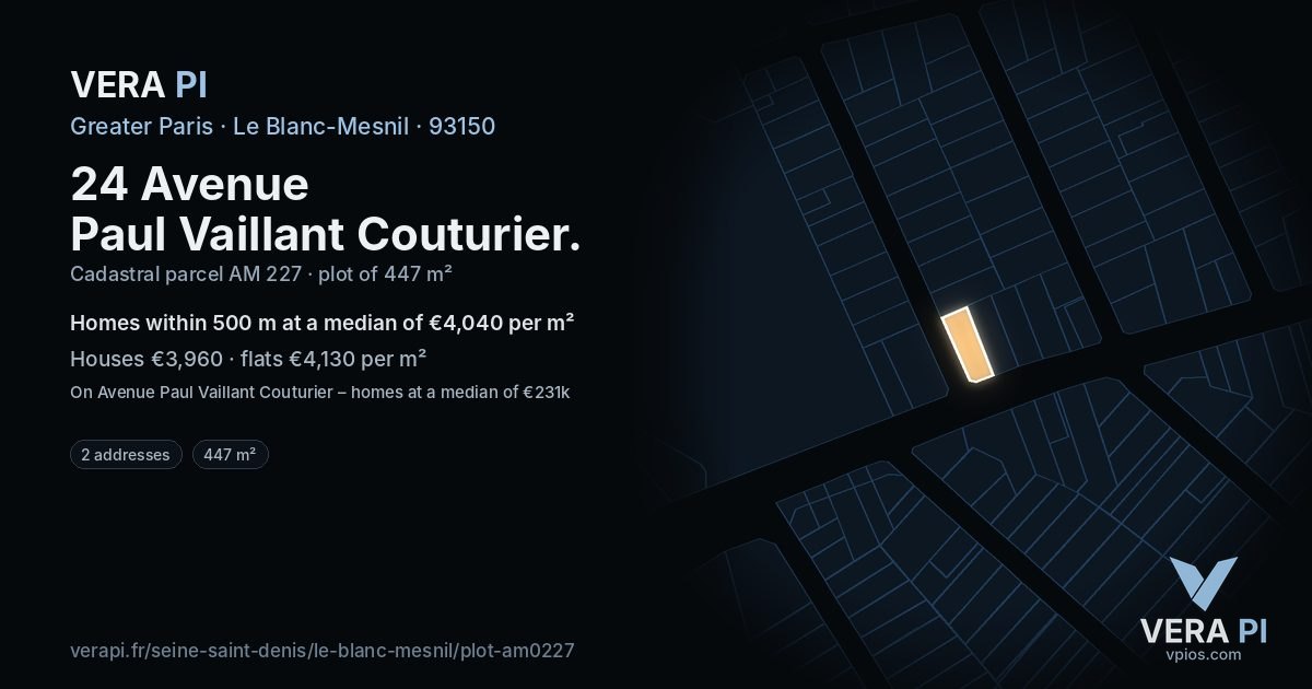 24 Avenue Paul Vaillant Couturier, Le Blanc-Mesnil at night – the plot lit, the parcels around coloured by the prices near them