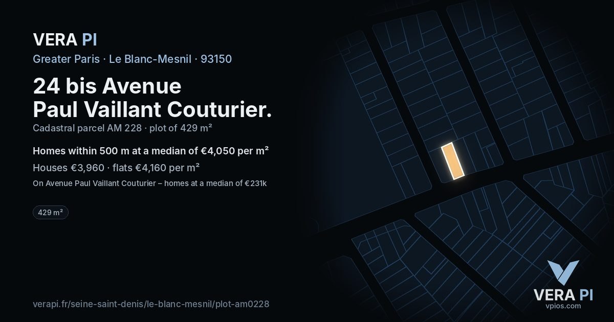 24 bis Avenue Paul Vaillant Couturier, Le Blanc-Mesnil at night – the plot lit, the parcels around coloured by the prices near them
