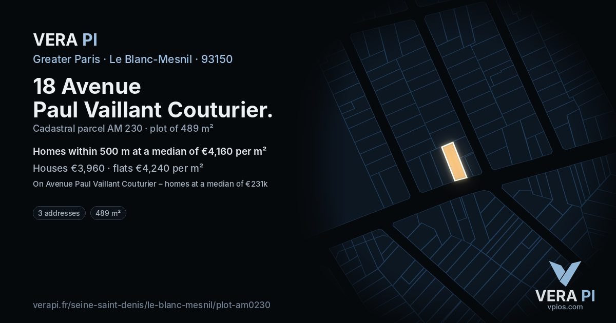 18 Avenue Paul Vaillant Couturier, Le Blanc-Mesnil at night – the plot lit, the parcels around coloured by the prices near them
