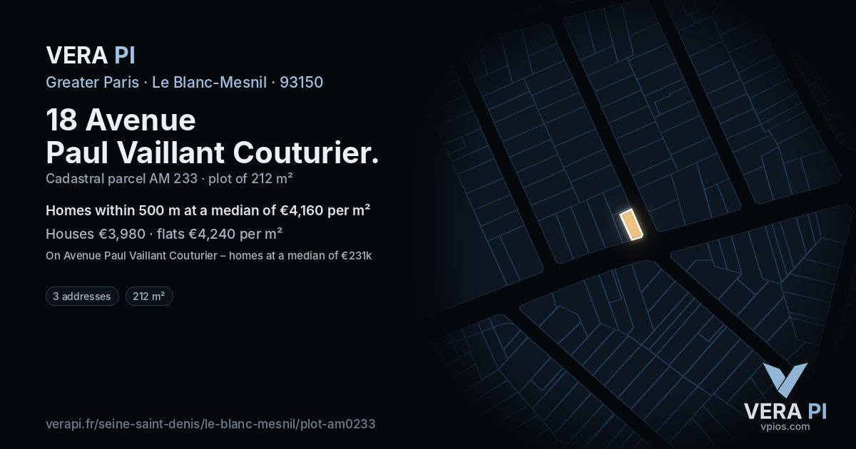 18 Avenue Paul Vaillant Couturier, Le Blanc-Mesnil at night – the plot lit, the parcels around coloured by the prices near them