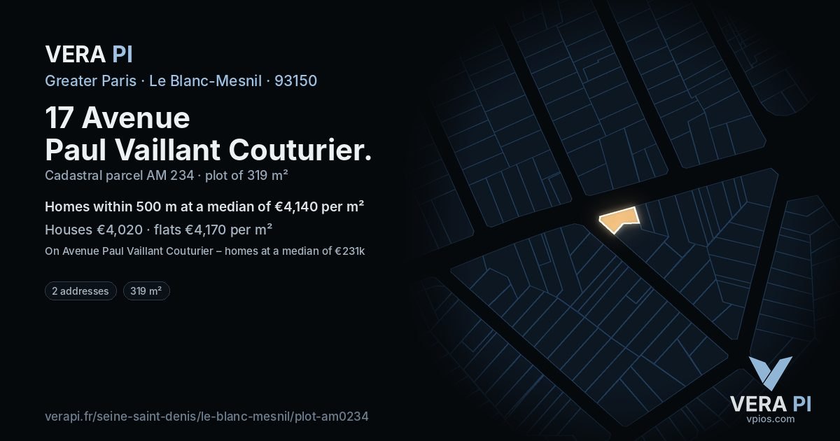 17 Avenue Paul Vaillant Couturier, Le Blanc-Mesnil at night – the plot lit, the parcels around coloured by the prices near them