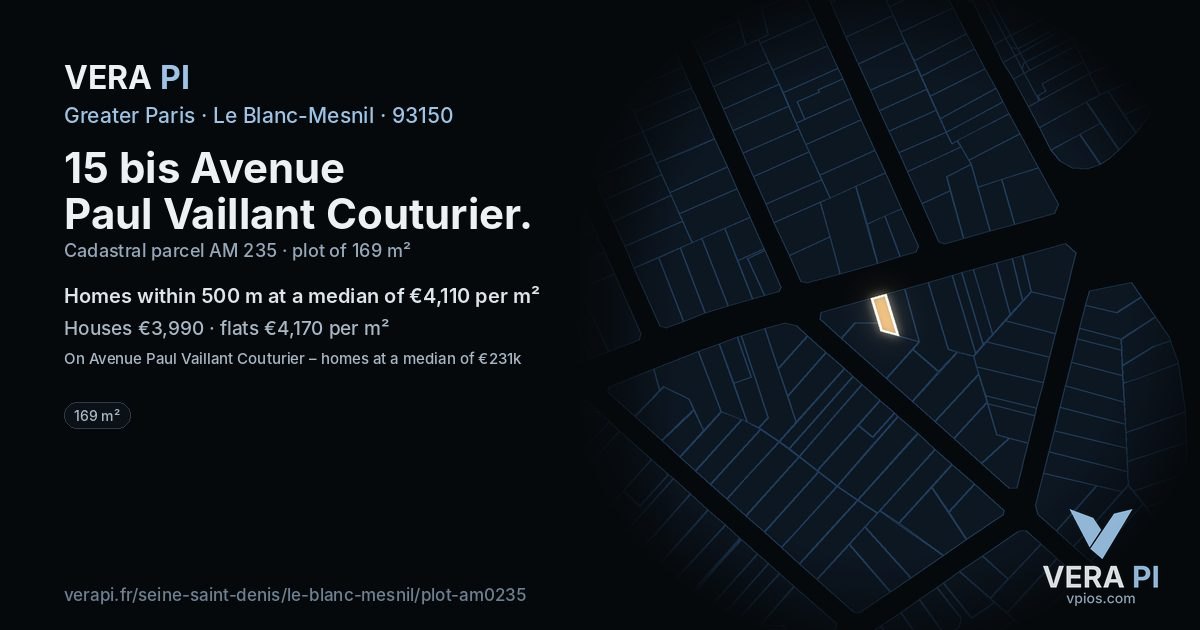 15 bis Avenue Paul Vaillant Couturier, Le Blanc-Mesnil at night – the plot lit, the parcels around coloured by the prices near them
