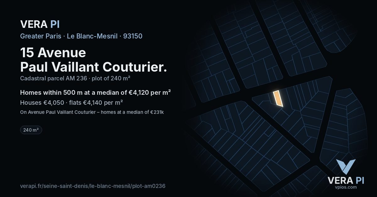 15 Avenue Paul Vaillant Couturier, Le Blanc-Mesnil at night – the plot lit, the parcels around coloured by the prices near them