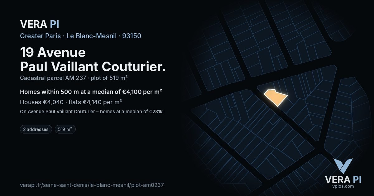 19 Avenue Paul Vaillant Couturier, Le Blanc-Mesnil at night – the plot lit, the parcels around coloured by the prices near them