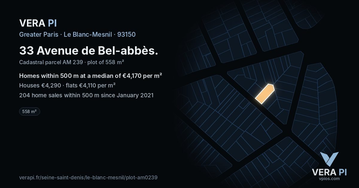 33 Avenue de Bel-abbès, Le Blanc-Mesnil at night – the plot lit, the parcels around coloured by the prices near them