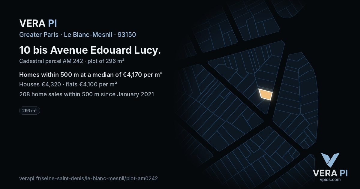 10 bis Avenue Edouard Lucy, Le Blanc-Mesnil at night – the plot lit, the parcels around coloured by the prices near them