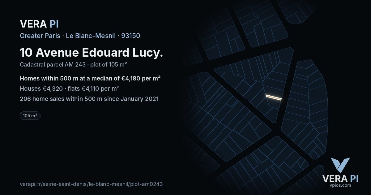 10 Avenue Edouard Lucy, Le Blanc-Mesnil at night – the plot lit, the parcels around coloured by the prices near them