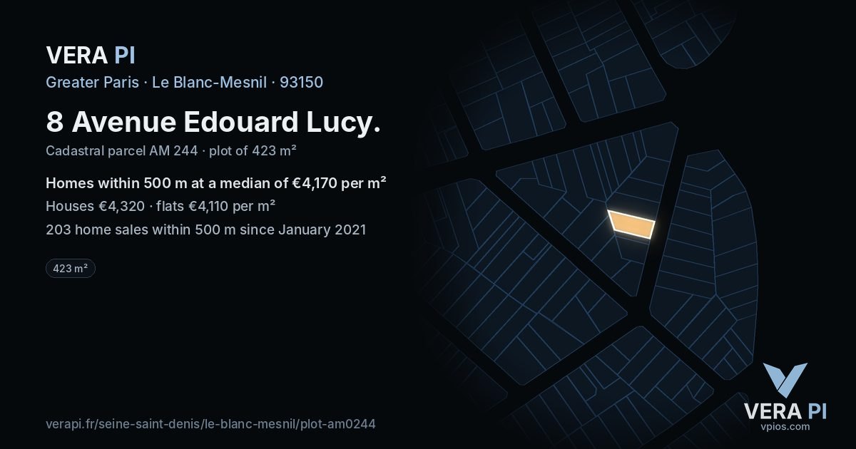 8 Avenue Edouard Lucy, Le Blanc-Mesnil at night – the plot lit, the parcels around coloured by the prices near them