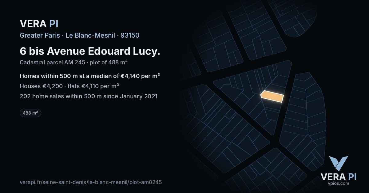 6 bis Avenue Edouard Lucy, Le Blanc-Mesnil at night – the plot lit, the parcels around coloured by the prices near them