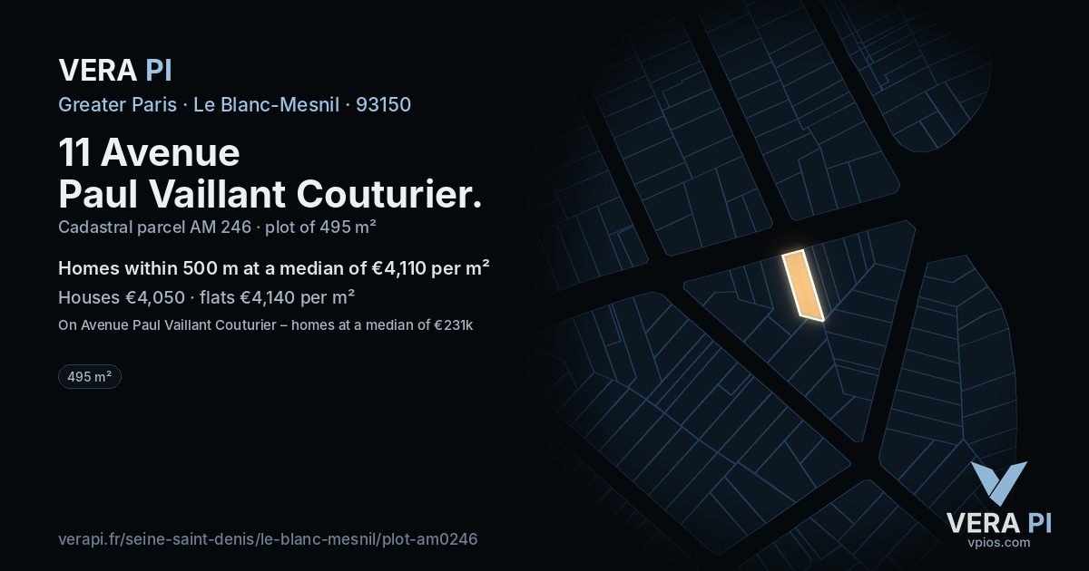11 Avenue Paul Vaillant Couturier, Le Blanc-Mesnil at night – the plot lit, the parcels around coloured by the prices near them
