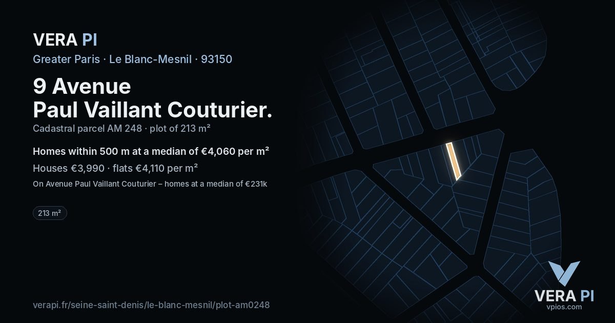 9 Avenue Paul Vaillant Couturier, Le Blanc-Mesnil at night – the plot lit, the parcels around coloured by the prices near them