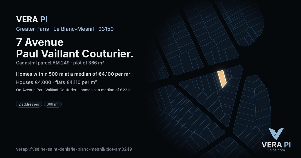 7 Avenue Paul Vaillant Couturier, Le Blanc-Mesnil at night – the plot lit, the parcels around coloured by the prices near them