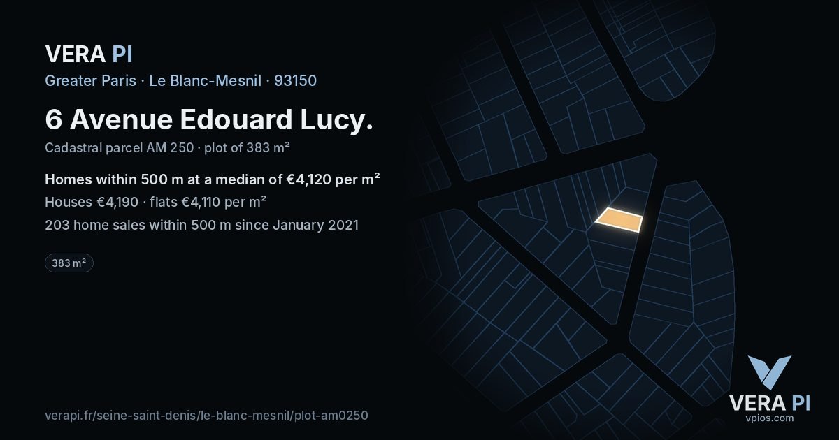 6 Avenue Edouard Lucy, Le Blanc-Mesnil at night – the plot lit, the parcels around coloured by the prices near them