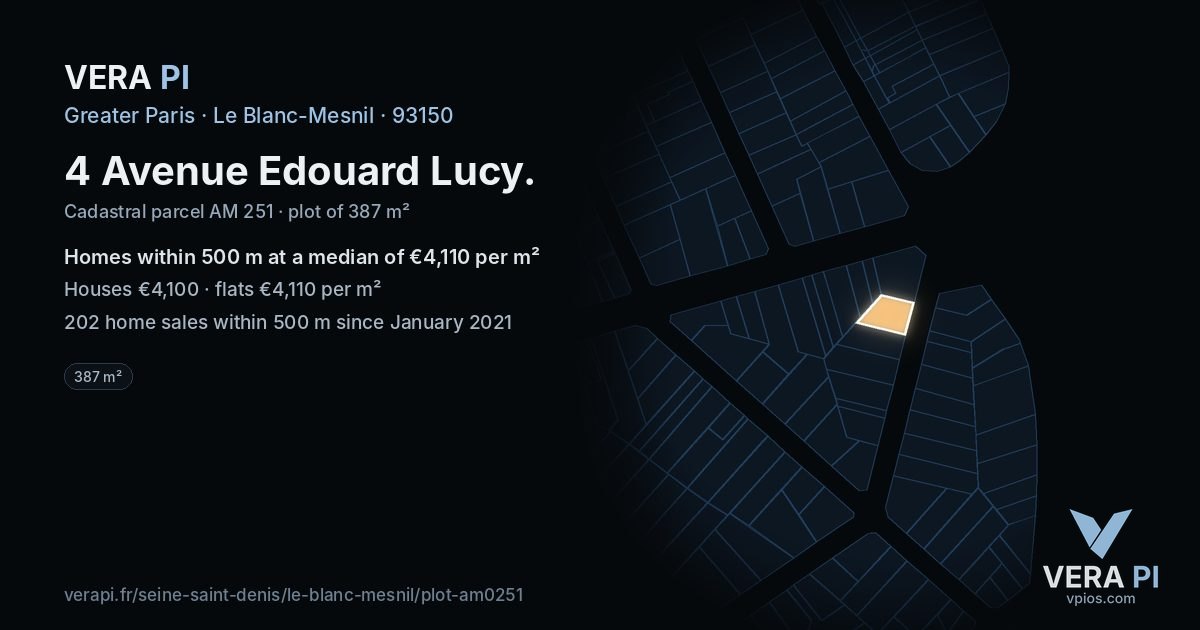 4 Avenue Edouard Lucy, Le Blanc-Mesnil at night – the plot lit, the parcels around coloured by the prices near them