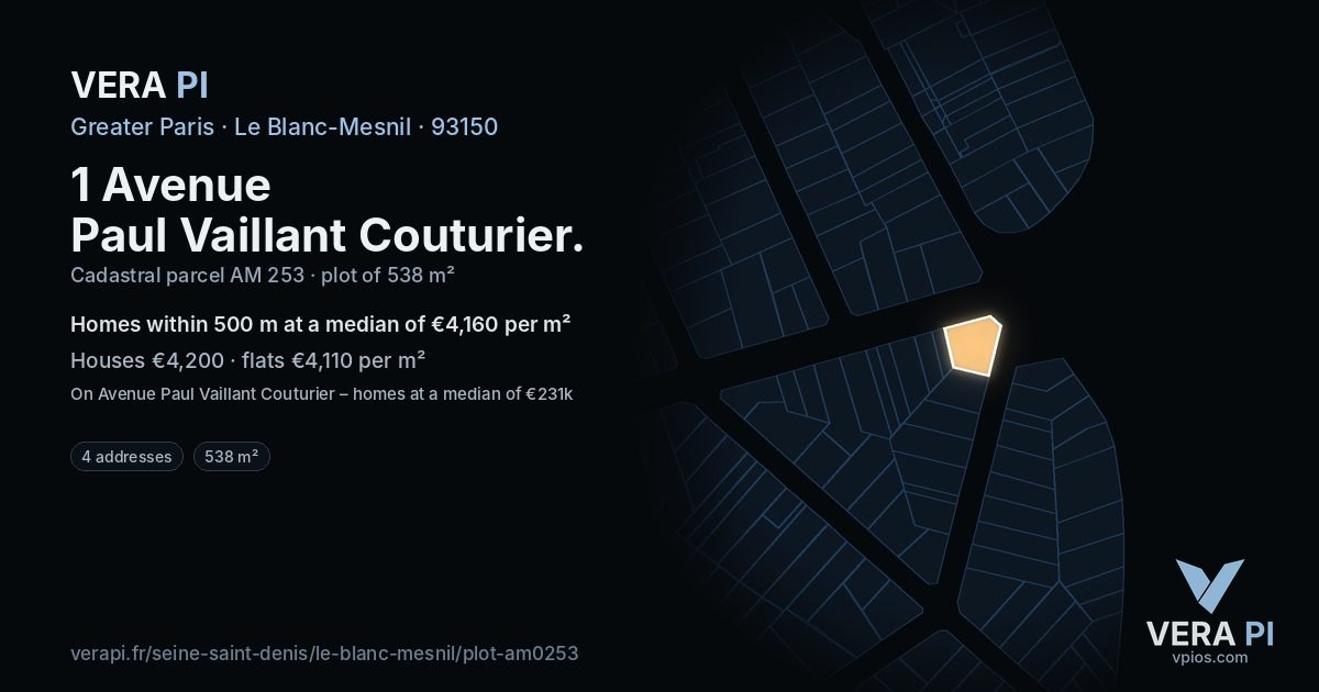 1 Avenue Paul Vaillant Couturier, Le Blanc-Mesnil at night – the plot lit, the parcels around coloured by the prices near them