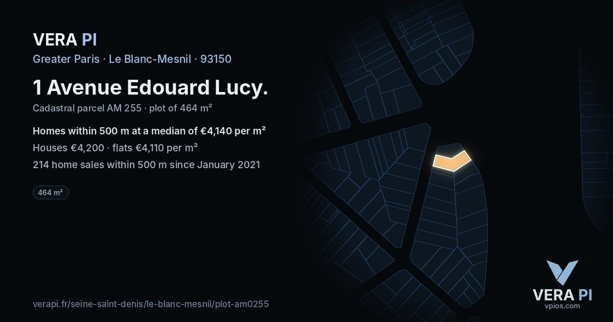 1 Avenue Edouard Lucy, Le Blanc-Mesnil at night – the plot lit, the parcels around coloured by the prices near them