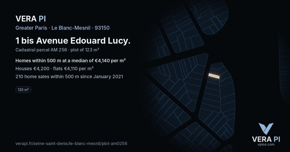 1 bis Avenue Edouard Lucy, Le Blanc-Mesnil at night – the plot lit, the parcels around coloured by the prices near them