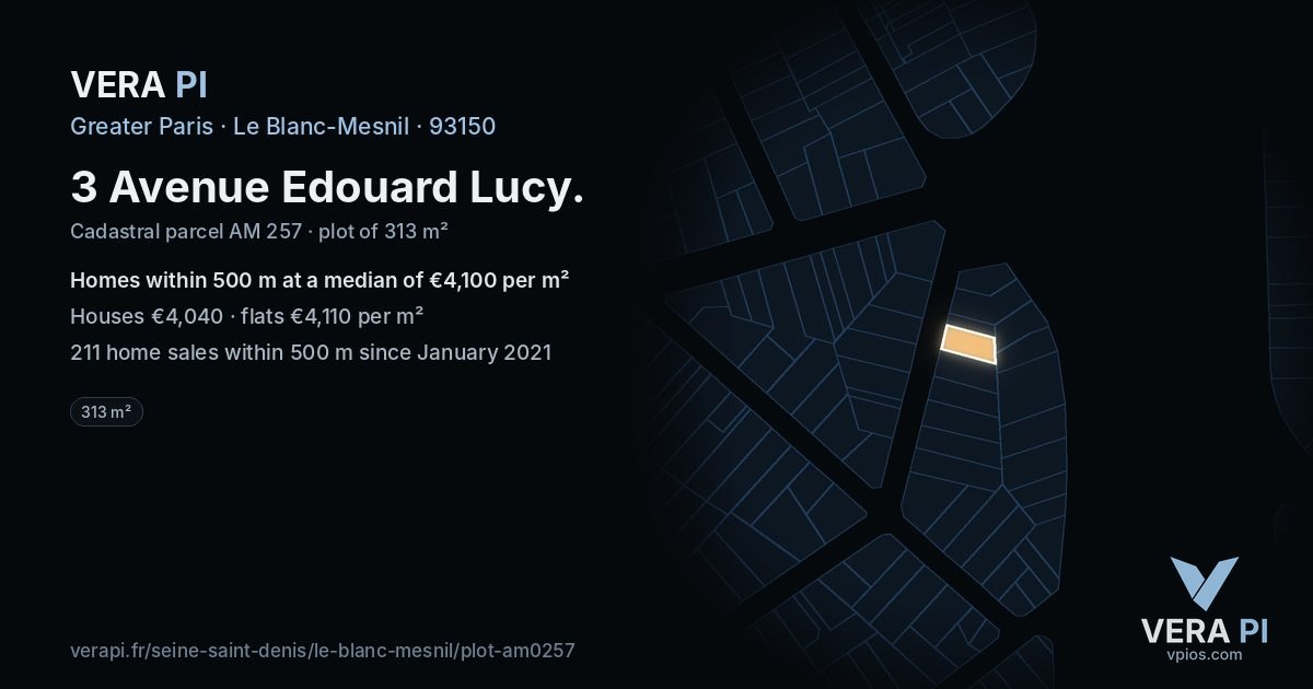 3 Avenue Edouard Lucy, Le Blanc-Mesnil at night – the plot lit, the parcels around coloured by the prices near them